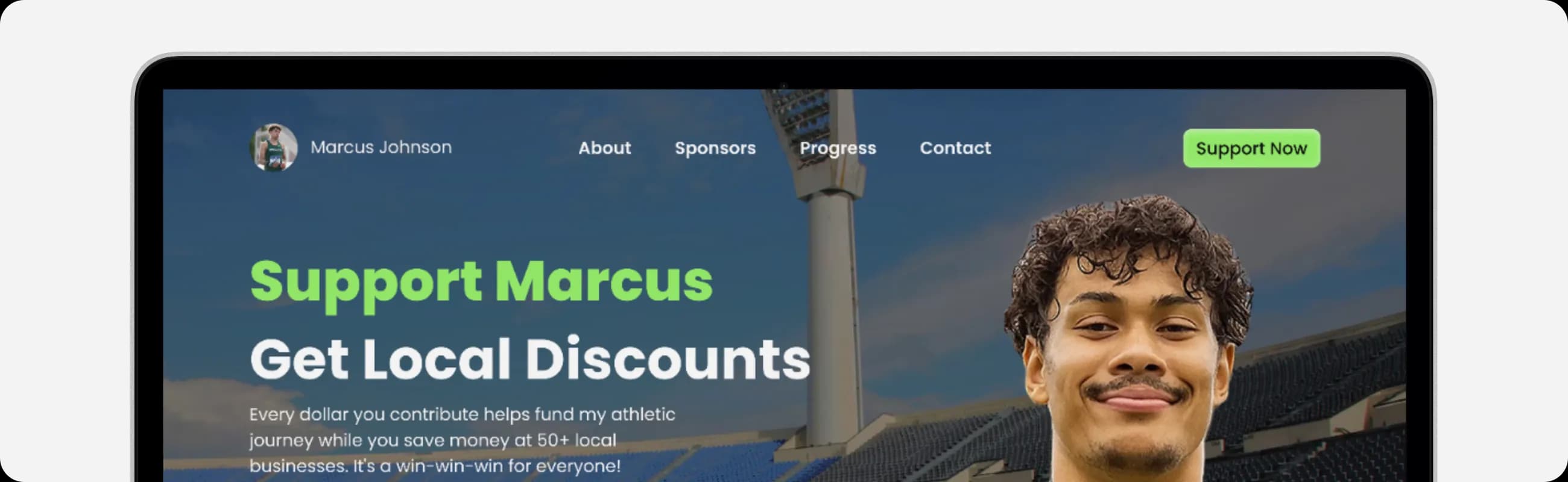 An athlete's sponsorship page, open on a laptop